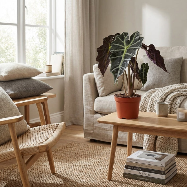 Alocasia Amazonica Polly - Ø12cm - ↕30cm – gestyled in woonkamer interieur
