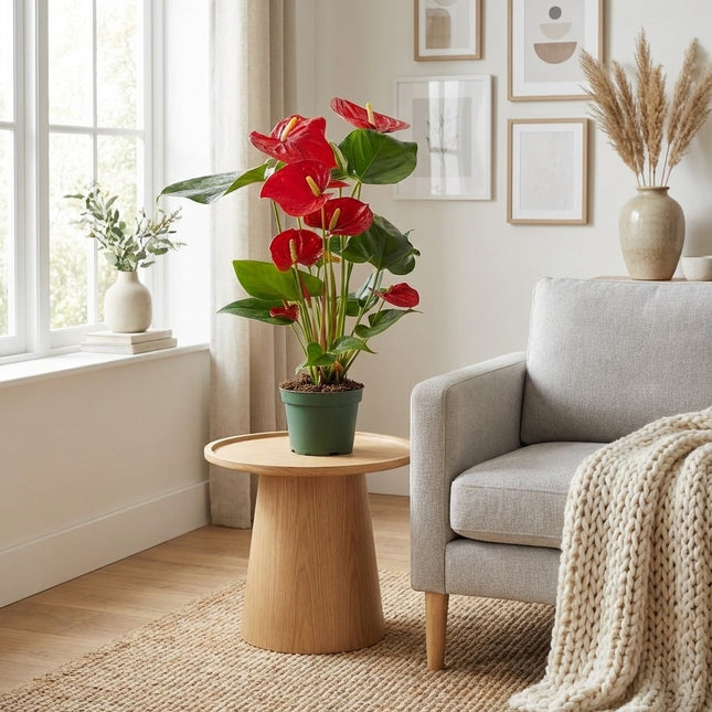 Anthurium Red - Ø12cm - ↕40cm – gestyled in woonkamer interieur