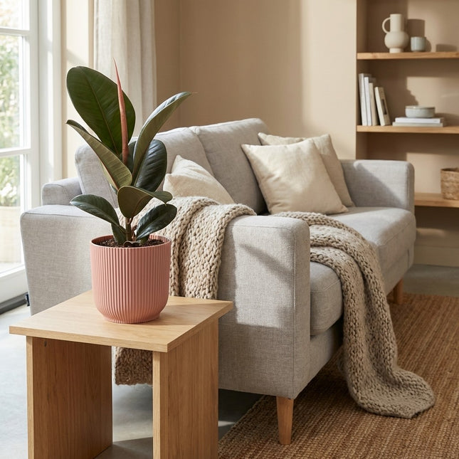 Ficus Elastica Robusta in ELHO Vibes Fold 14cm roze – gestyled in woonkamer interieur