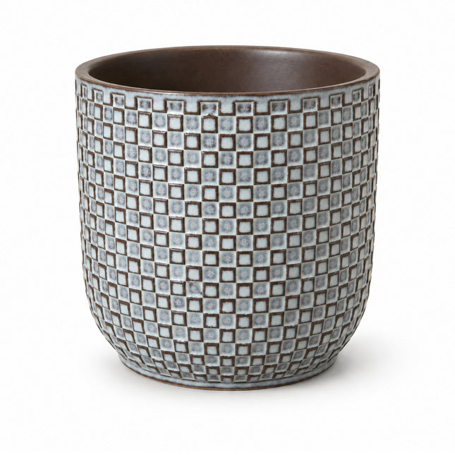 Blauwe Mini Pot Relief met vierkant reliëf, diameter 7 cm, leeg op een witte achtergrond.