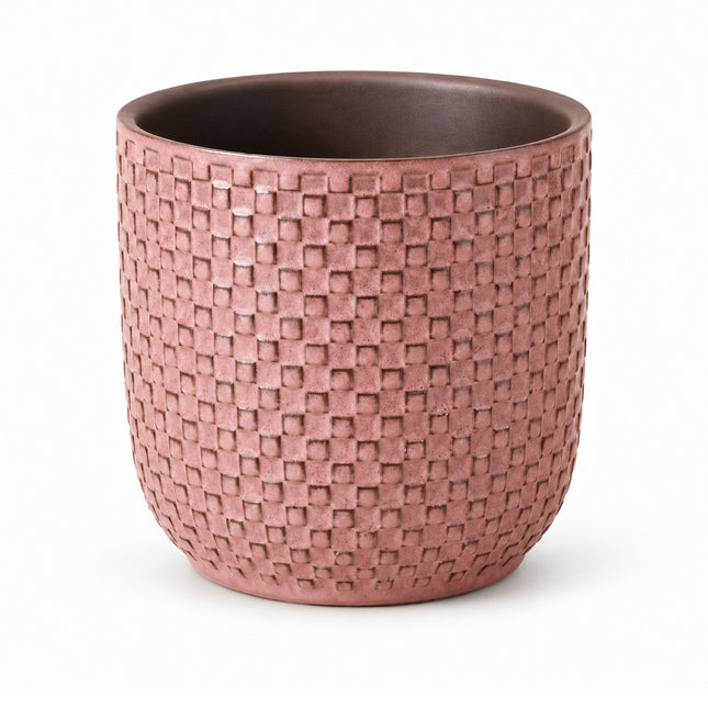 Roze Mini Pot Relief met vierkant reliëf, diameter 7 cm, leeg op een witte achtergrond.