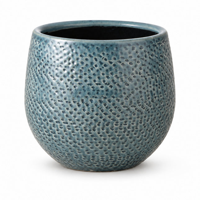 Blauwe ronde Gabriel sierpot met gestippeld reliëf, diameter 14 cm, leeg op een witte achtergrond.