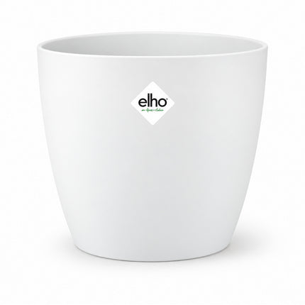 Witte ELHO Brussels ronde sierpot met merksticker, diameter 25 cm, leeg op een witte achtergrond.