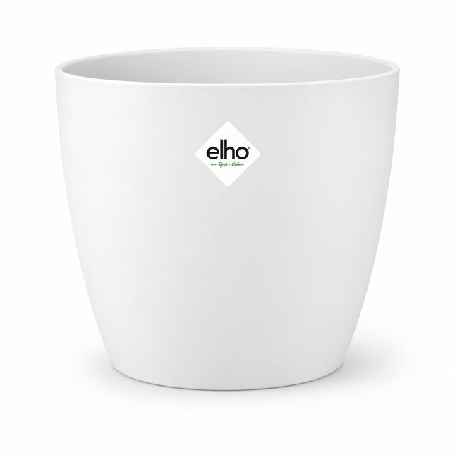 Witte ELHO Brussels ronde sierpot met merksticker, diameter 25 cm, leeg op een witte achtergrond.