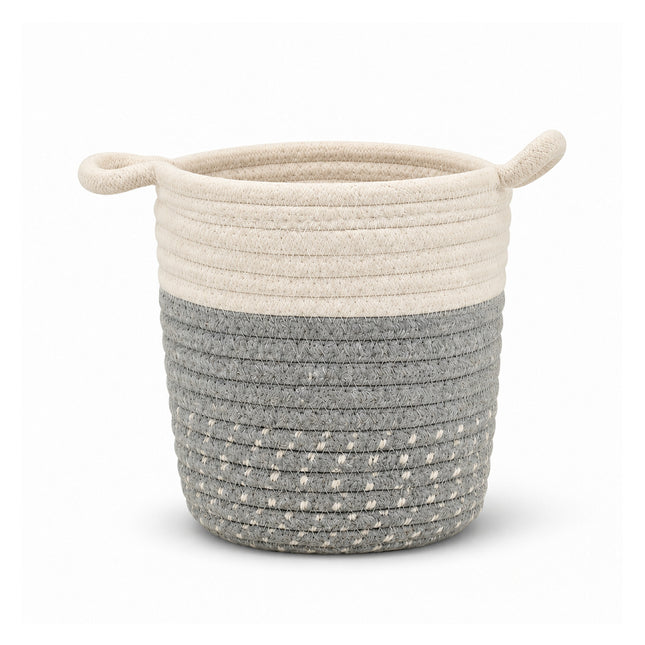 Crème-grijze gevlochten mand Borneo met twee oren, diameter 14 cm, leeg op een witte achtergrond.