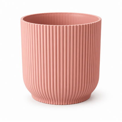 Roze ELHO Vibes Fold sierpot met verticale ribbels, diameter 14 cm, leeg op een witte achtergrond.