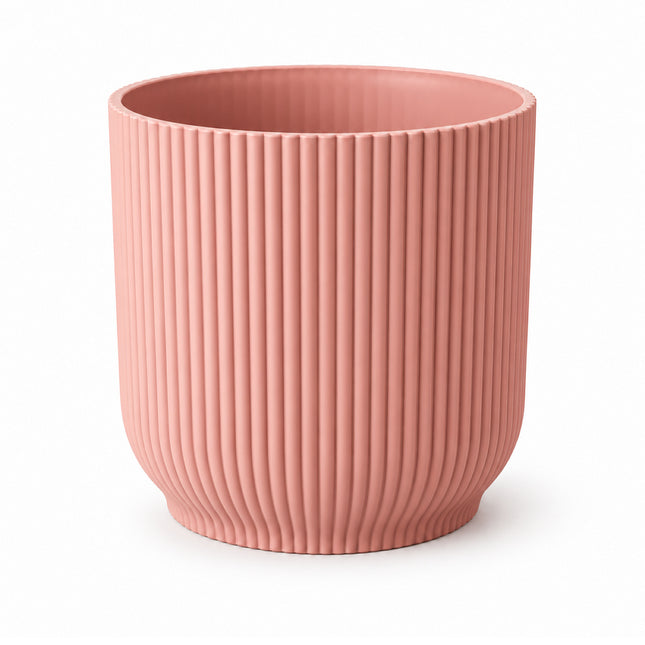 Roze ELHO Vibes Fold sierpot met verticale ribbels, diameter 14 cm, leeg op een witte achtergrond.