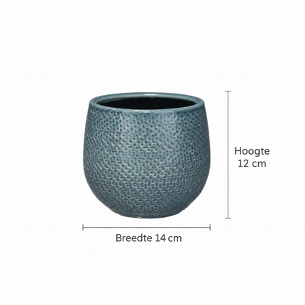 Blauwe ronde Gabriel-plantenpot met structuur, met aangegeven breedte van 14 cm en hoogte van 12 cm