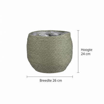 Groene gevlochten Jorck-mand met aangegeven breedte van 26 cm en hoogte van 24 cm