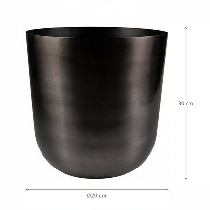 Donkergrijze Mayk Lead-plantenpot met maatlijnen voor buitendiameter en hoogte