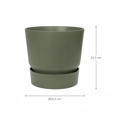 Groene ELHO Greenville Round-pot met waterreservoir en maatlijnen voor buitenbreedte en hoogte