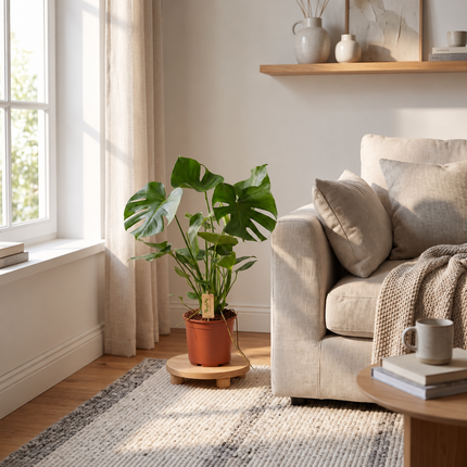 Monstera deliciosa in een kweekpot op een houten verhoging naast een bank in de woonkamer