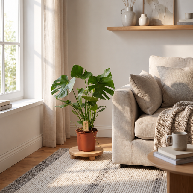 Monstera deliciosa in een kweekpot op een houten verhoging naast een bank in de woonkamer