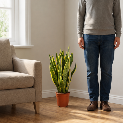 Sansevieria Laurentii in een kweekpot naast een persoon als visuele schaalreferentie