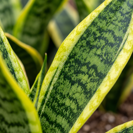 Detail van groene Sansevieria Laurentii-bladeren met gele randen en gevlekte tekening
