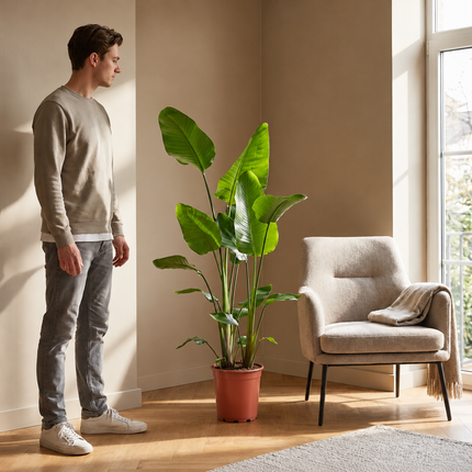 Strelitzia nicolai in een kweekpot naast een persoon en een fauteuil in de woonkamer