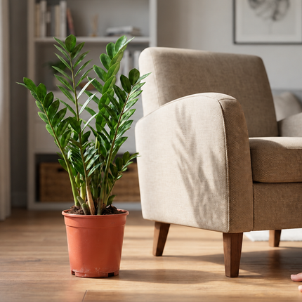 Zamioculcas zamiifolia in een kweekpot naast een persoon en een fauteuil als schaalreferentie