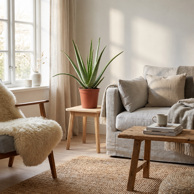 Aloe vera in een kweekpot op een bijzettafel naast een fauteuil in de woonkamer