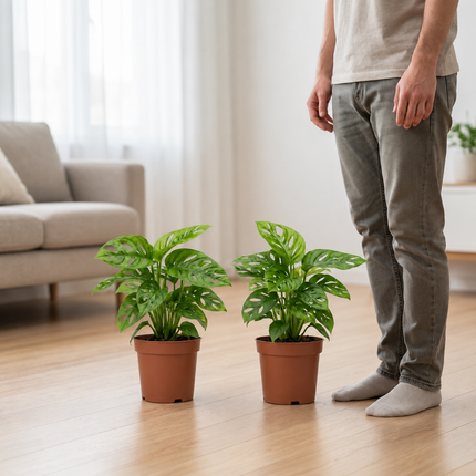 Twee Monstera Monkey Leaf-planten in kweekpotten naast een persoon als schaalreferentie