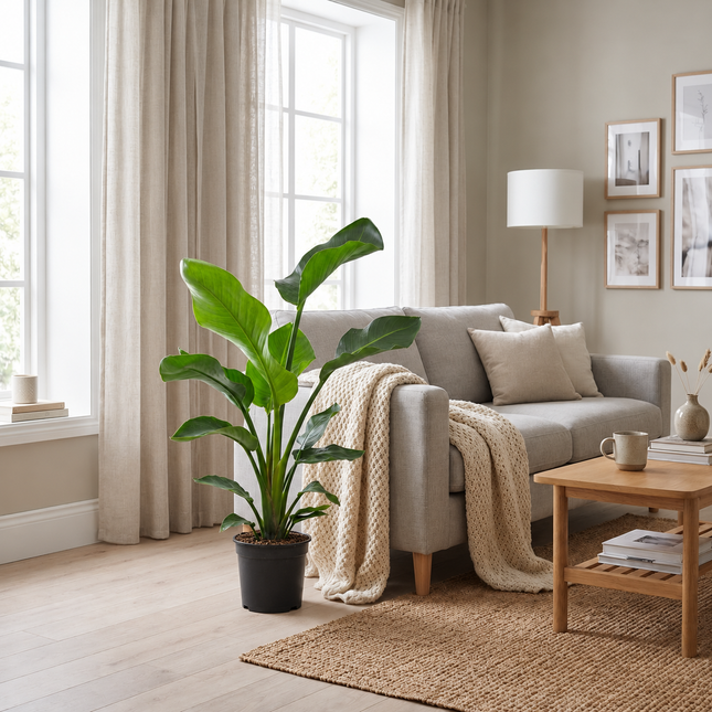 Strelitzia nicolai in een kweekpot bij het raam en de bank in een lichte woonkamer