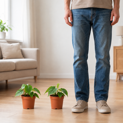 Twee Philodendron Scandens-planten in afzonderlijke kweekpotten naast een persoon