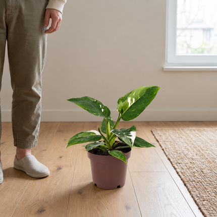 Philodendron White Princess met groen-wit blad in een kweekpot naast een persoon