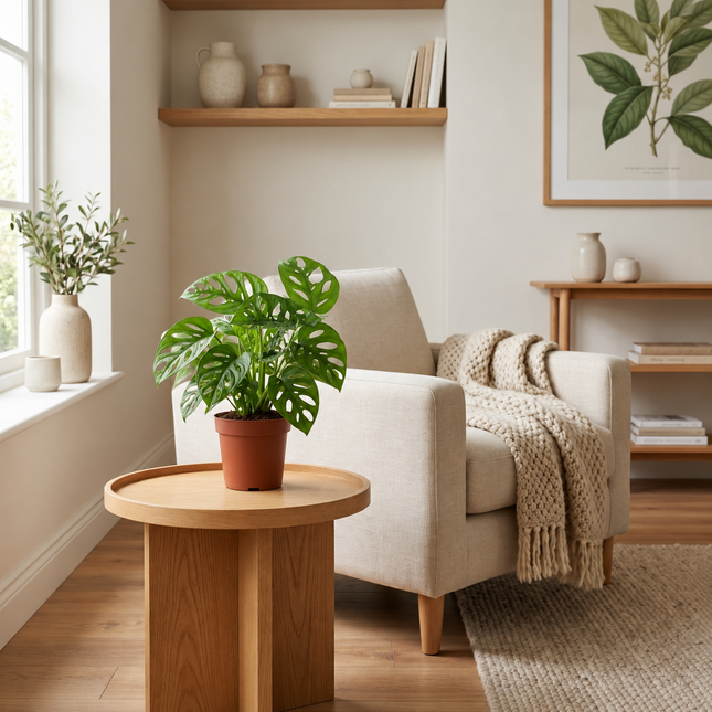 Monstera Monkey Leaf in een kweekpot op een ronde bijzettafel naast de bank