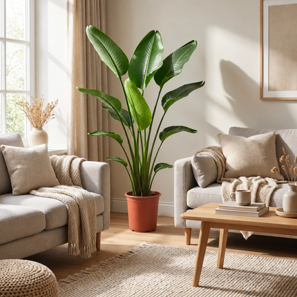 Strelitzia nicolai in een kweekpot naast een bank en houten salontafel