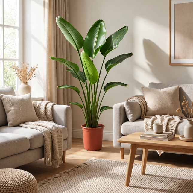 Strelitzia nicolai in een kweekpot naast een bank en houten salontafel