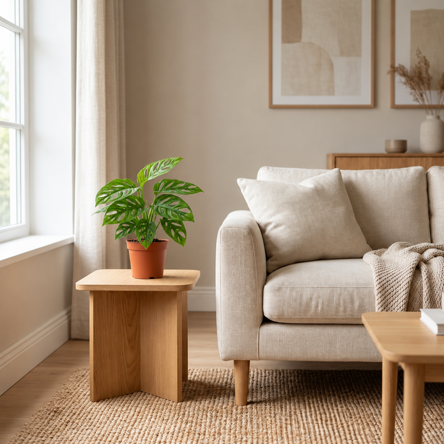 Monstera Monkey in een kweekpot op een bijzettafel naast een fauteuil in de woonkamer