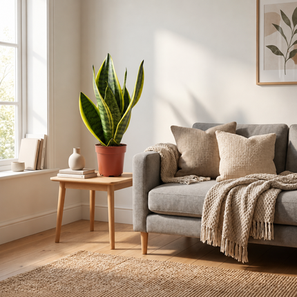 Sansevieria Futura Superba in een kweekpot op een bijzettafel naast een fauteuil