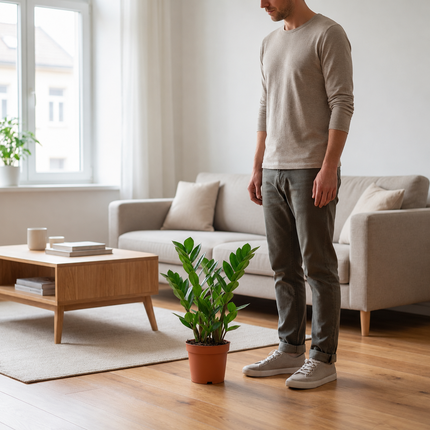 Zamioculcas zamiifolia in een kweekpot naast een persoon in een lichte woonkamer