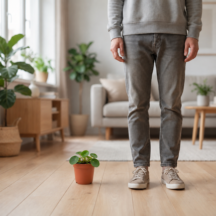 Pilea peperomioides met ronde groene bladeren in een kweekpot naast een persoon