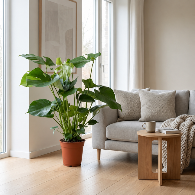 Monstera deliciosa in een kweekpot bij het raam, naast een bank en houten bijzettafel