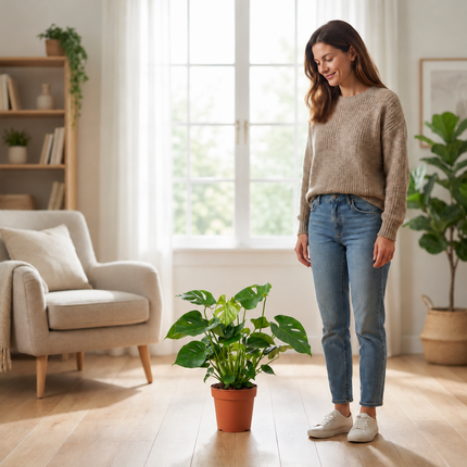 Monstera deliciosa in een kweekpot naast een persoon als visuele schaalreferentie