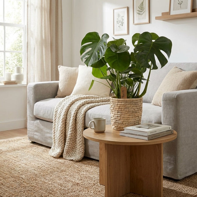 Monstera Deliciosa in Basket Palmleaf - Ø21cm - ↕60cm – gestyled in woonkamer interieur