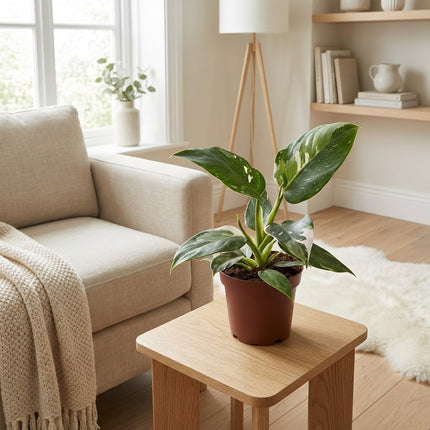 Philodendron White Princess - Ø12cm - ↕25cm – gestyled in woonkamer interieur
