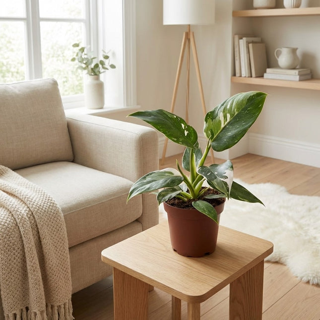 Philodendron White Princess - Ø12cm - ↕25cm – gestyled in woonkamer interieur