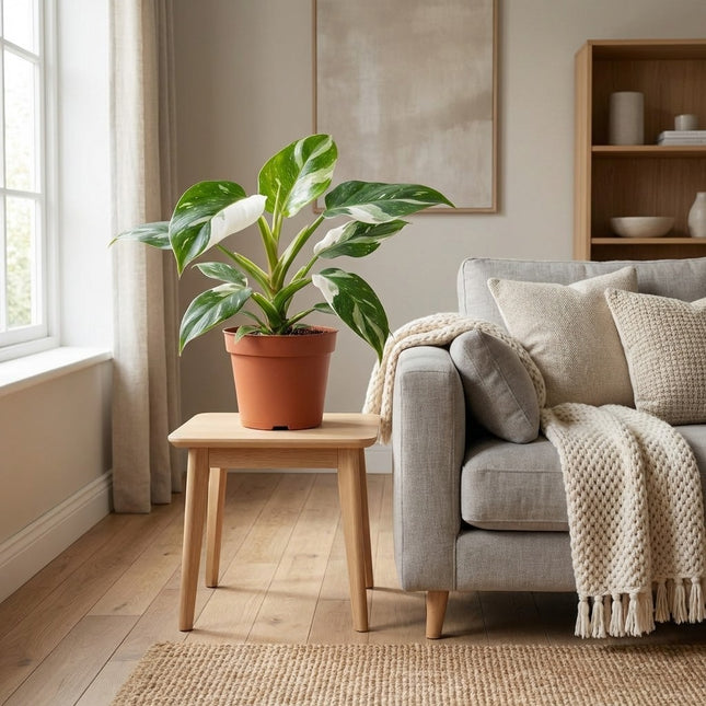 Philodendron White Princess - Ø12cm - ↕30cm – gestyled in woonkamer interieur