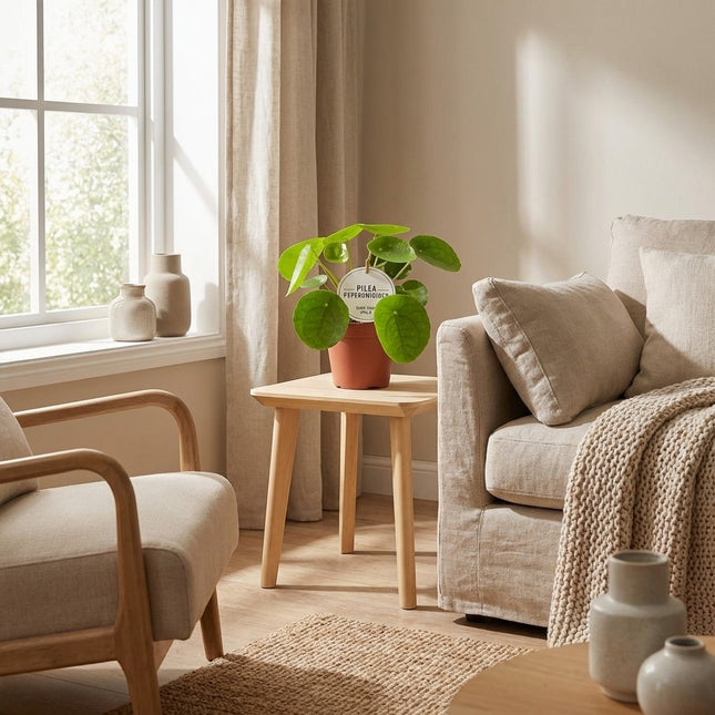 Pilea Peperomioides - Ø13cm - ↕20cm – gestyled in woonkamer interieur