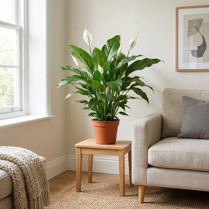 Spathiphyllum Bellini - Ø24cm - ↕100cm – gestyled in woonkamer interieur