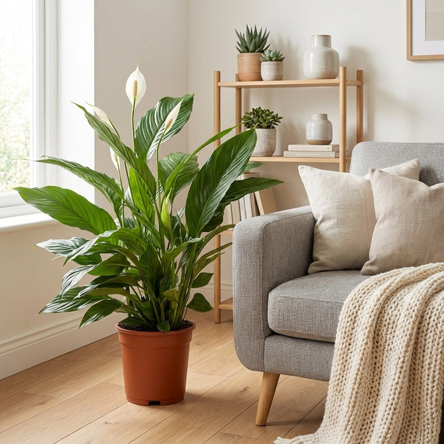 Spathiphyllum Vivaldi - Ø17cm - ↕70cm – gestyled in woonkamer interieur