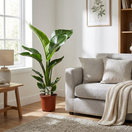 Strelitzia Nicolai - Ø17cm - ↕70cm – gestyled in woonkamer interieur