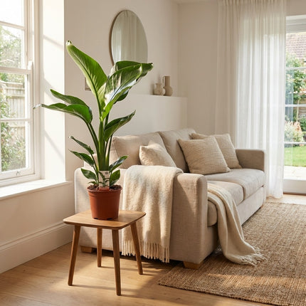 Strelitzia Nicolai - Ø17cm - ↕70cm – gestyled in woonkamer interieur