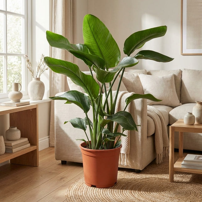 Strelitzia Nicolai - Ø21cm - ↕80cm – gestyled in woonkamer interieur