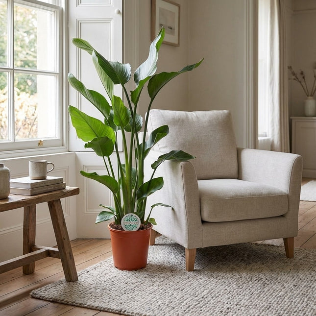 Strelitzia Nicolai - Ø24cm - ↕110cm – gestyled in woonkamer interieur