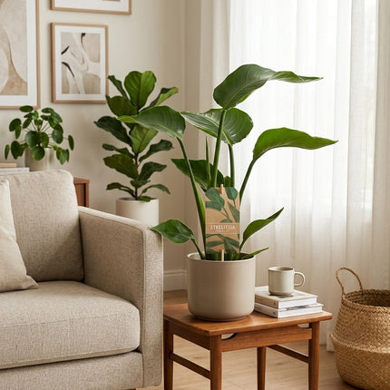Strelitzia Nicolai - Ø13cm - ↕35cm – gestyled in woonkamer interieur