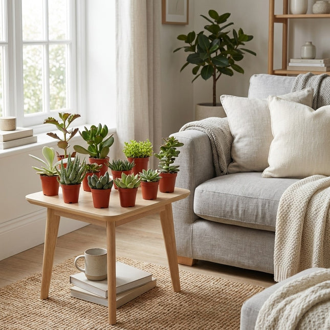 Succulenten Mix - 10 stuks - Ø5,5cm - ↕7cm – gestyled in woonkamer interieur
